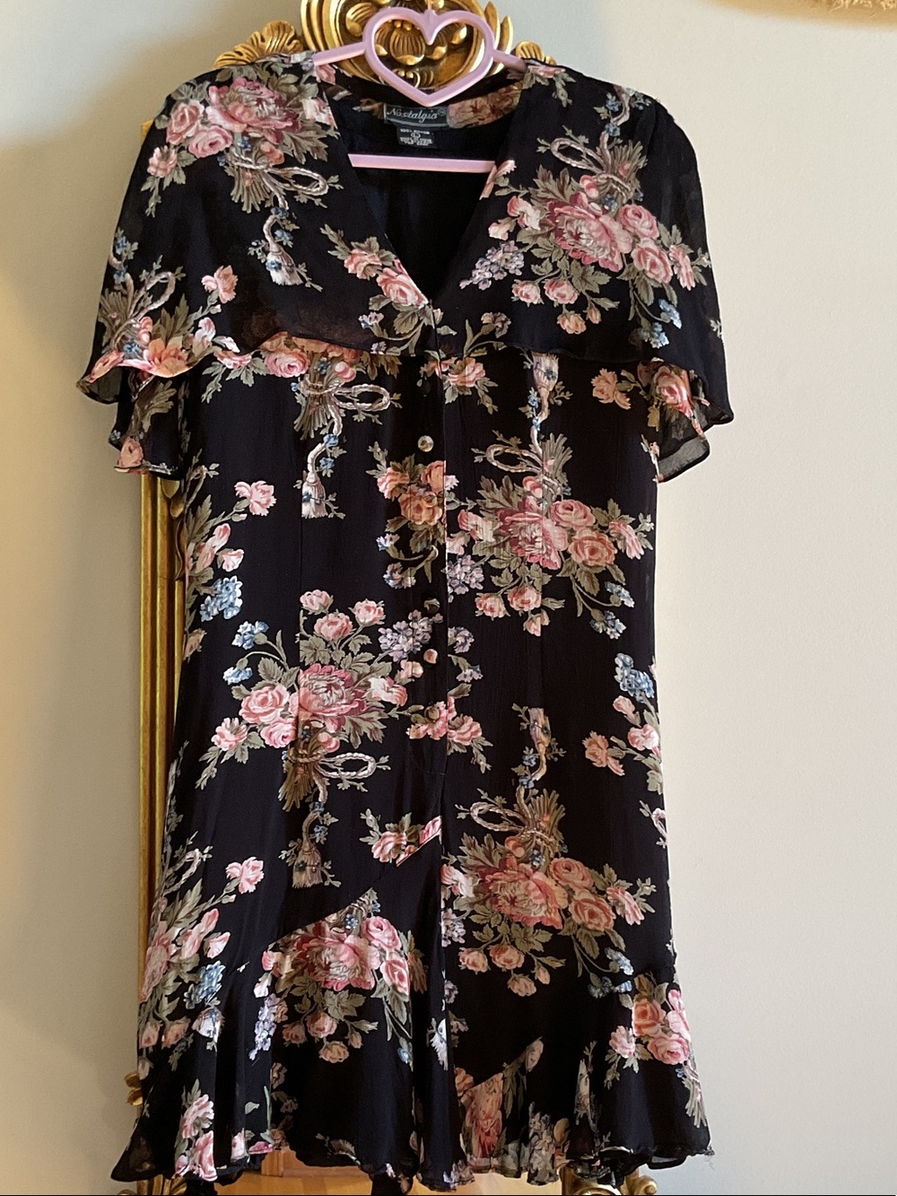 Nostalgia Black 100% Rayon Summer Dress with Pink Floral Print  L